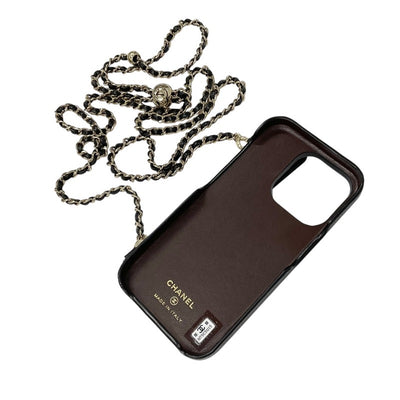 シャネル CHANEL 携帯・スマホアクセサリー ブラック ゴールド ココマーク マトラッセ キャビアスキン iPhone14pro iPhoneケース チェーン