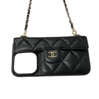 シャネル CHANEL 携帯・スマホアクセサリー ブラック ゴールド ココマーク マトラッセ キャビアスキン iPhone14pro iPhoneケース チェーン
