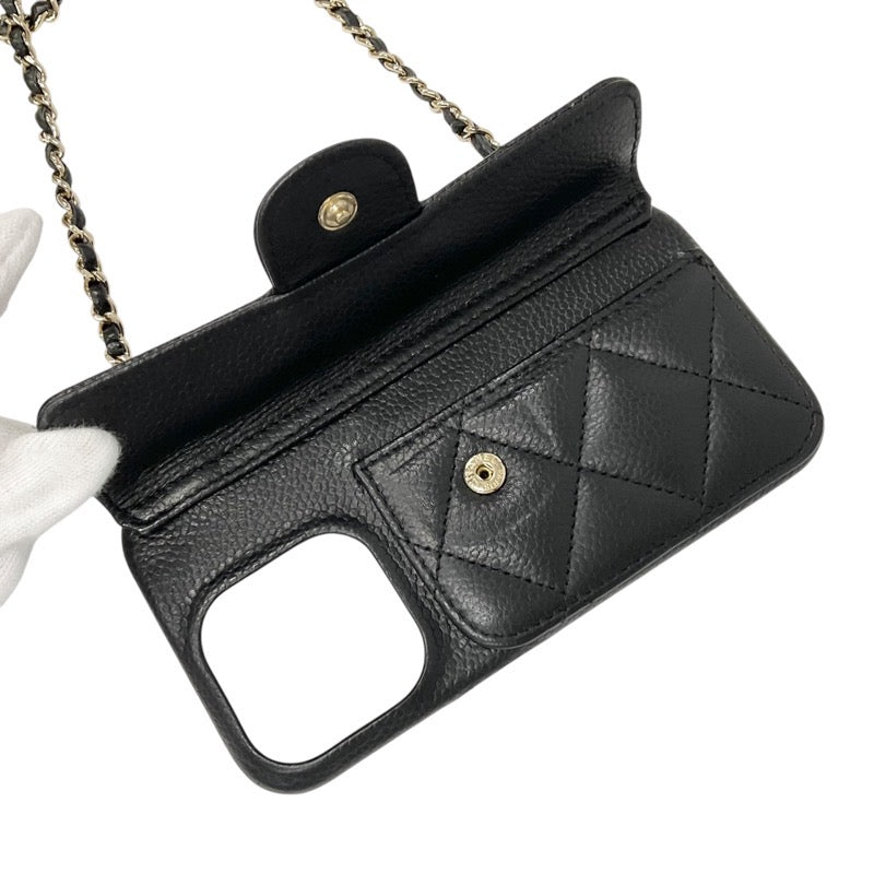 シャネル CHANEL 携帯・スマホアクセサリー ブラック ゴールド ココマーク マトラッセ キャビアスキン iPhone14pro iPhoneケース チェーン