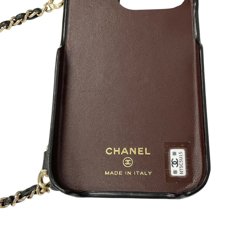 シャネル CHANEL 携帯・スマホアクセサリー ブラック ゴールド ココマーク マトラッセ キャビアスキン iPhone14pro iPhoneケース チェーン