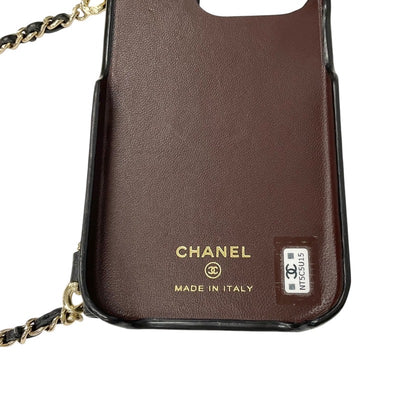 シャネル CHANEL 携帯・スマホアクセサリー ブラック ゴールド ココマーク マトラッセ キャビアスキン iPhone14pro iPhoneケース チェーン