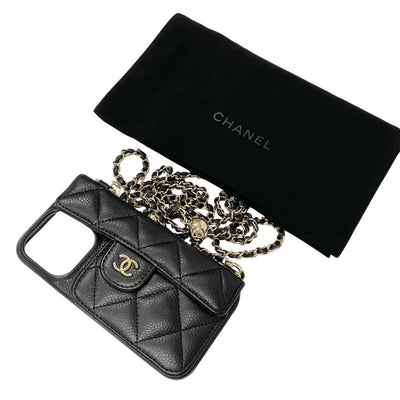 シャネル CHANEL 携帯・スマホアクセサリー ブラック ゴールド ココマーク マトラッセ キャビアスキン iPhone14pro iPhoneケース チェーン