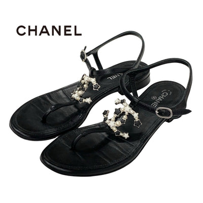シャネル CHANEL サンダル 靴 シューズ レザー ブラック 黒 シルバー ココマーク スター パール ストラップ トングサンダル