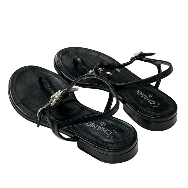シャネル CHANEL サンダル 靴 シューズ レザー ブラック 黒 シルバー ココマーク スター パール ストラップ トングサンダル