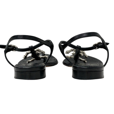 シャネル CHANEL サンダル 靴 シューズ レザー ブラック 黒 シルバー ココマーク スター パール ストラップ トングサンダル