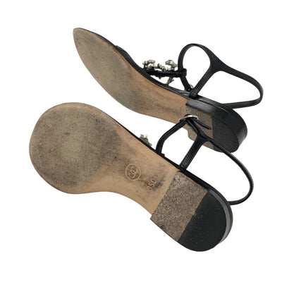 シャネル CHANEL サンダル 靴 シューズ レザー ブラック 黒 シルバー ココマーク スター パール ストラップ トングサンダル