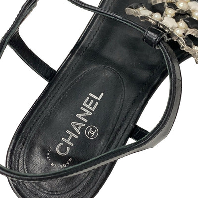 シャネル CHANEL サンダル 靴 シューズ レザー ブラック 黒 シルバー ココマーク スター パール ストラップ トングサンダル