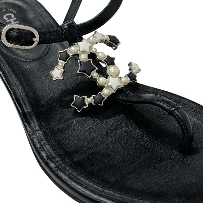 シャネル CHANEL サンダル 靴 シューズ レザー ブラック 黒 シルバー ココマーク スター パール ストラップ トングサンダル