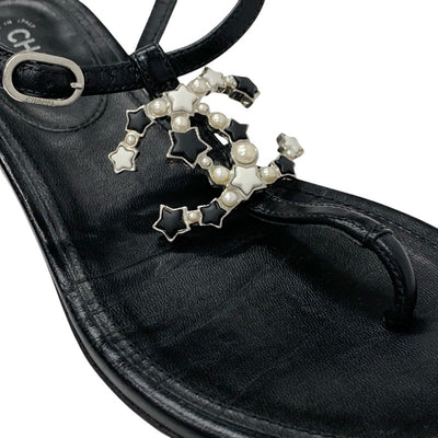 シャネル CHANEL サンダル 靴 シューズ レザー ブラック 黒 シルバー ココマーク スター パール ストラップ トングサンダル