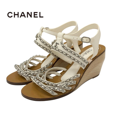 シャネル CHANEL サンダル 靴 シューズ レザー ホワイト 白 シルバー ココマーク チェーン ウェッジソール ウッド