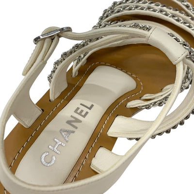 シャネル CHANEL サンダル 靴 シューズ レザー ホワイト 白 シルバー ココマーク チェーン ウェッジソール ウッド