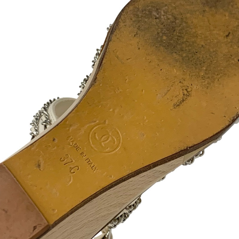 シャネル CHANEL サンダル 靴 シューズ レザー ホワイト 白 シルバー ココマーク チェーン ウェッジソール ウッド