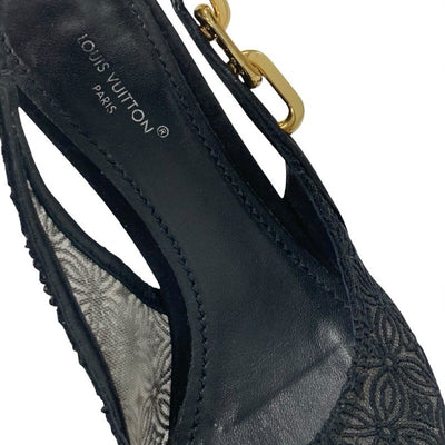 ルイヴィトン LOUIS VUITTON スパークルライン パンプス 靴 シューズ スエード ファブリック ブラック 黒 ゴールド チェーン スリングバック レース