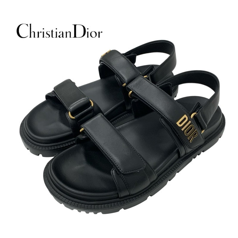 クリスチャンディオール CHRISTIAN DIOR DIORACT サンダル 靴 シューズ レザー ブラック 黒 未使用 ロゴ フラット