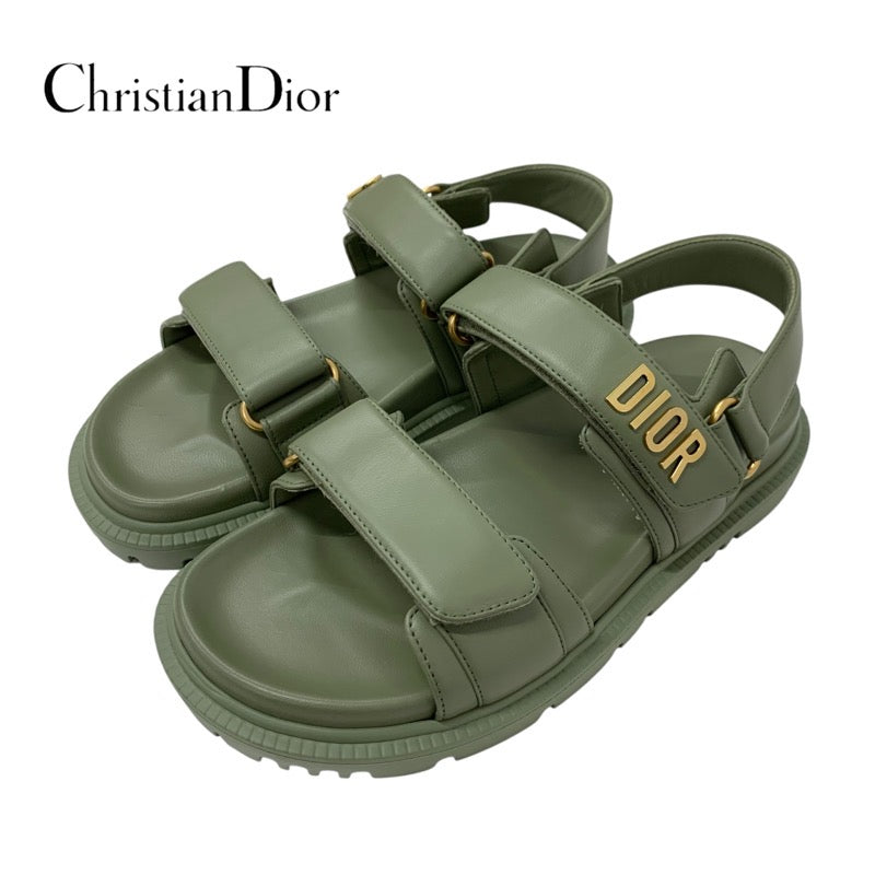 クリスチャンディオール CHRISTIAN DIOR DIORACT サンダル 靴 シューズ レザー グリーン 未使用 ロゴ フラット
