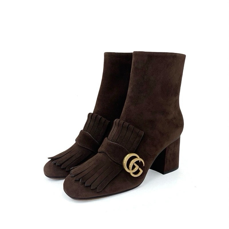 グッチ GUCCI ダブルG ブーツ ショートブーツ 靴 シューズ スエード ブラウン ゴールド GGマーモント フリンジ