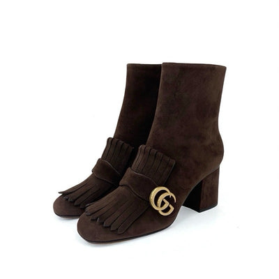 グッチ GUCCI ダブルG ブーツ ショートブーツ 靴 シューズ スエード ブラウン ゴールド GGマーモント フリンジ
