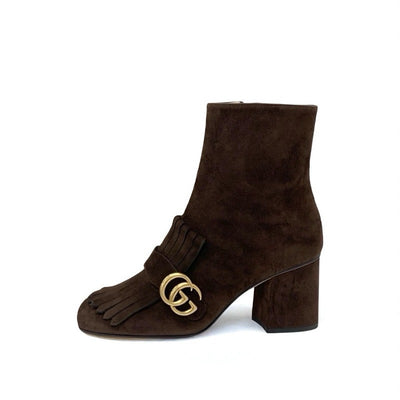 グッチ GUCCI ダブルG ブーツ ショートブーツ 靴 シューズ スエード ブラウン ゴールド GGマーモント フリンジ