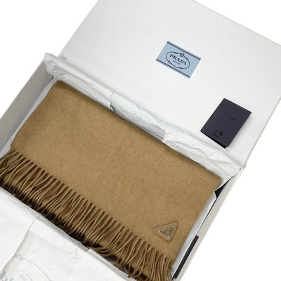 プラダ PRADA マフラー シルク キャメル シルバー トライアングルロゴ ストール