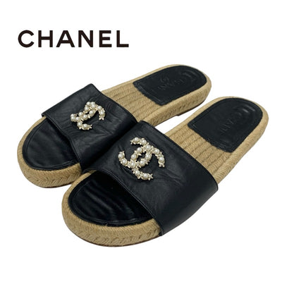 シャネル CHANEL サンダル 靴 シューズ レザー ブラック 黒 ココマーク パール エスパドリーユ フラット ミュール