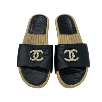 シャネル CHANEL サンダル 靴 シューズ レザー ブラック 黒 ココマーク パール エスパドリーユ フラット ミュール