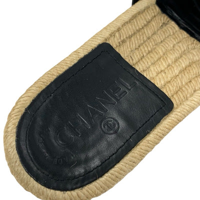 シャネル CHANEL サンダル 靴 シューズ レザー ブラック 黒 ココマーク パール エスパドリーユ フラット ミュール