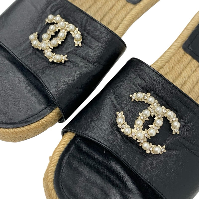 シャネル CHANEL サンダル 靴 シューズ レザー ブラック 黒 ココマーク パール エスパドリーユ フラット ミュール