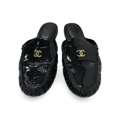 シャネル CHANEL フラットシューズ 靴 シューズ パテント ブラック 黒 ココマーク ミュール