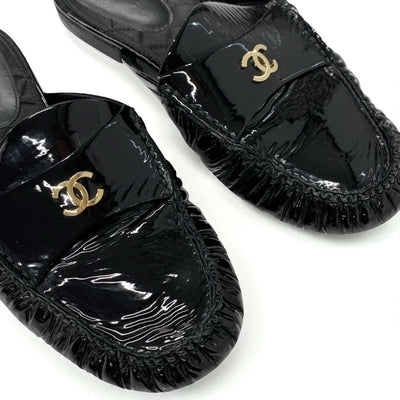 シャネル CHANEL フラットシューズ 靴 シューズ パテント ブラック 黒 ココマーク ミュール