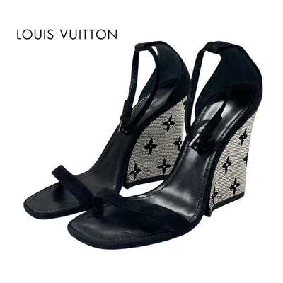 ルイヴィトン LOUIS VUITTON アピールライン モノグラム サンダル 靴 シューズ スエード ブラック シルバー ラインストーン ウェッジソール アンクルストラップ