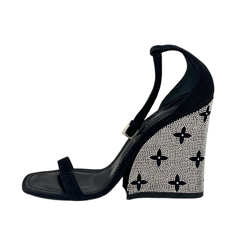 ルイヴィトン LOUIS VUITTON アピールライン モノグラム サンダル 靴 シューズ スエード ブラック シルバー ラインストーン ウェッジソール アンクルストラップ