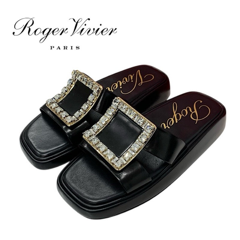 ロジェヴィヴィエ Roger Vivier サンダル 靴 シューズ レザー ブラック 黒 フラット ミュール ストラスバックル ビジュー