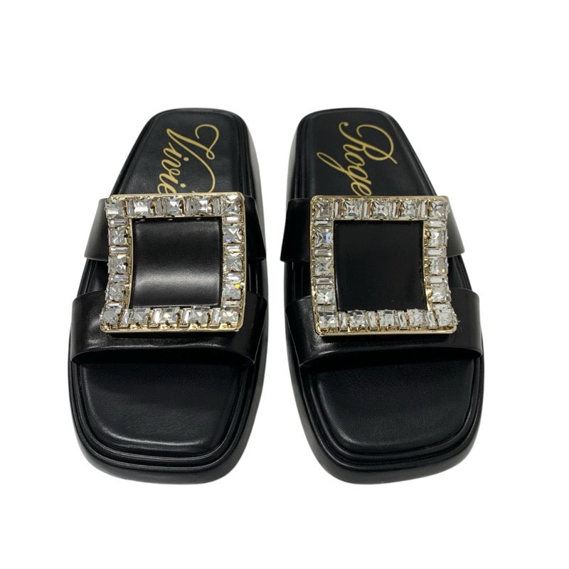 ロジェヴィヴィエ Roger Vivier サンダル 靴 シューズ レザー ブラック 黒 フラット ミュール ストラスバックル ビジュー
