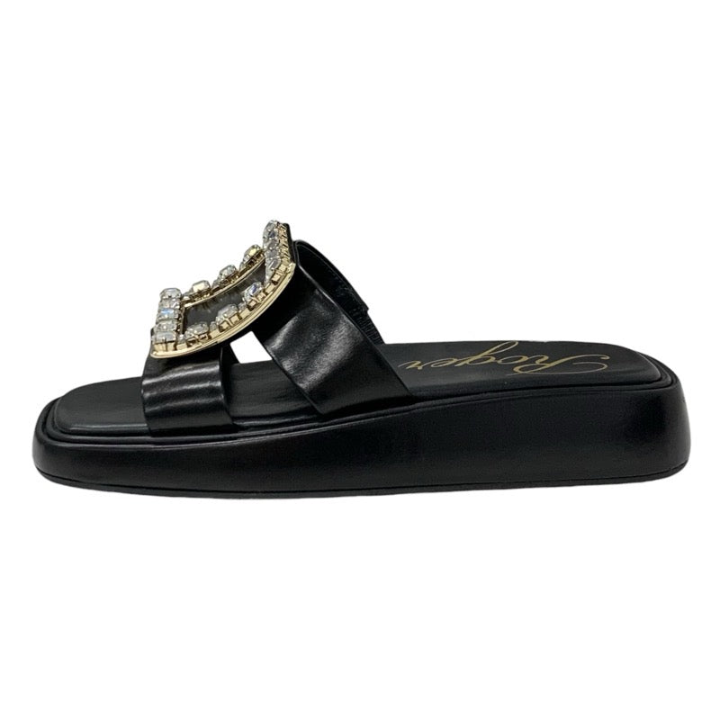 ロジェヴィヴィエ Roger Vivier サンダル 靴 シューズ レザー ブラック 黒 フラット ミュール ストラスバックル ビジュー