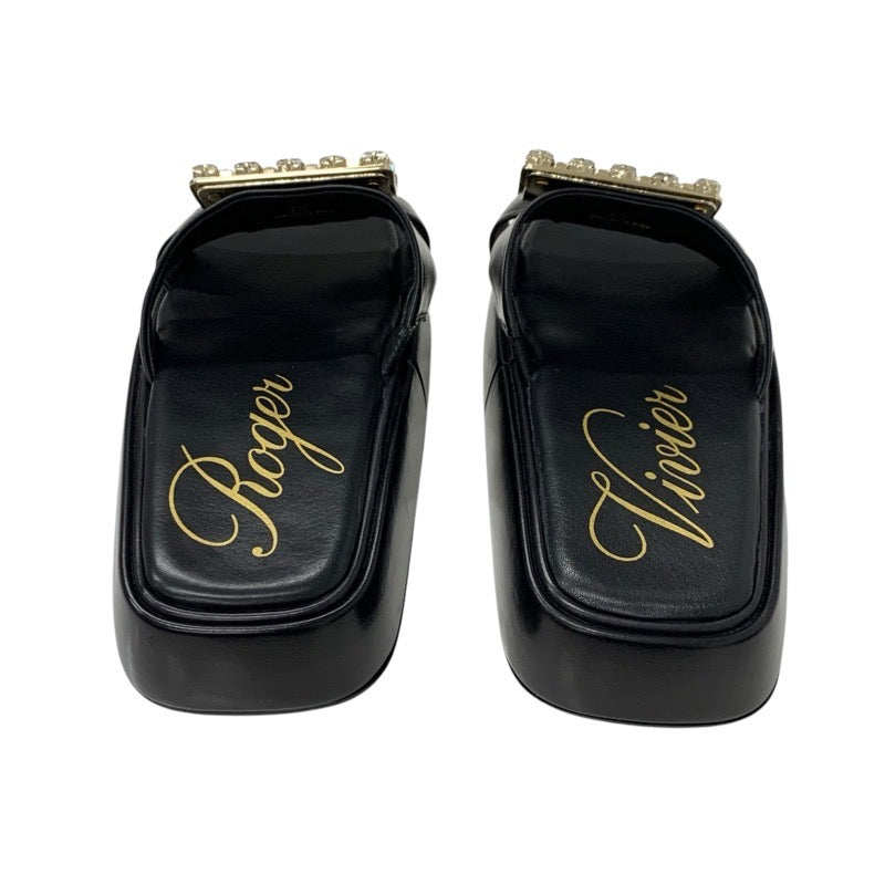 ロジェヴィヴィエ Roger Vivier サンダル 靴 シューズ レザー ブラック 黒 フラット ミュール ストラスバックル ビジュー