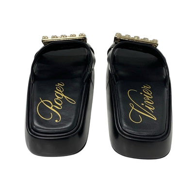 ロジェヴィヴィエ Roger Vivier サンダル 靴 シューズ レザー ブラック 黒 フラット ミュール ストラスバックル ビジュー