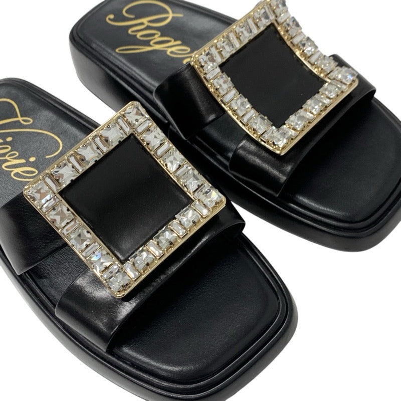 ロジェヴィヴィエ Roger Vivier サンダル 靴 シューズ レザー ブラック 黒 フラット ミュール ストラスバックル ビジュー