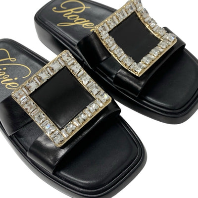 ロジェヴィヴィエ Roger Vivier サンダル 靴 シューズ レザー ブラック 黒 フラット ミュール ストラスバックル ビジュー