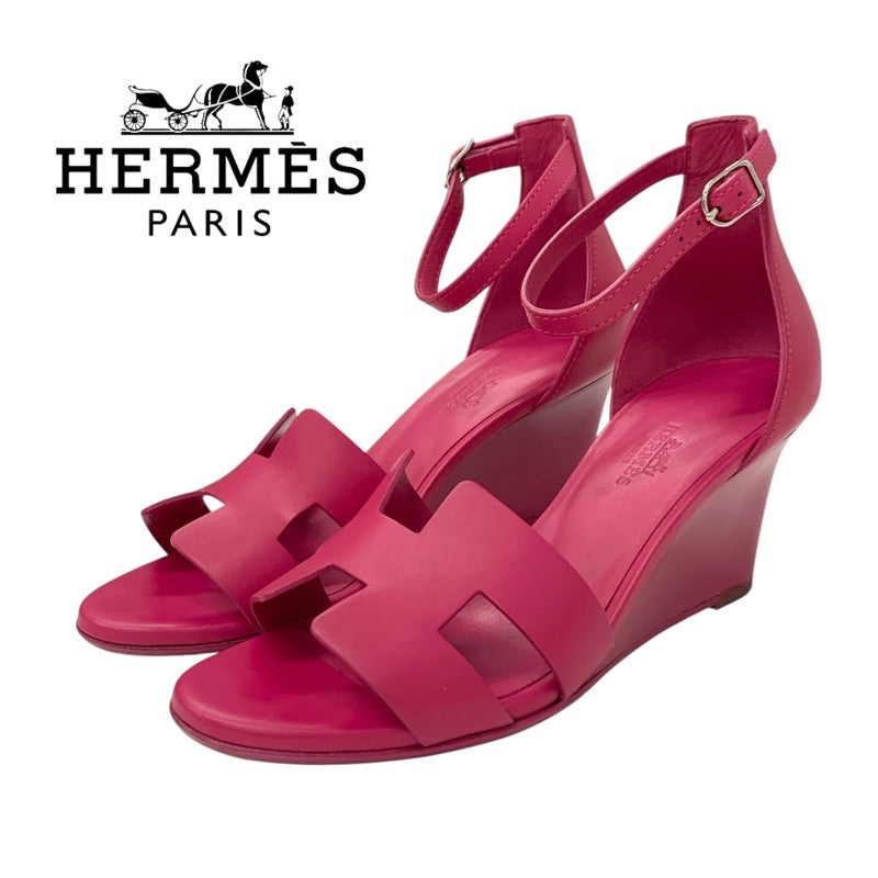 エルメス HERMES レジェンド サンダル 靴 シューズ レザー ピンク ウェッジソール アンクルストラップ