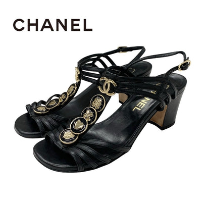 シャネル CHANEL サンダル 靴 シューズ レザー ブラック 黒 ゴールド ココマーク アイコン ストラップ