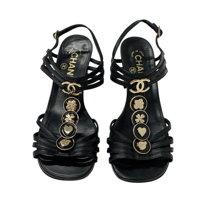 シャネル CHANEL サンダル 靴 シューズ レザー ブラック 黒 ゴールド ココマーク アイコン ストラップ