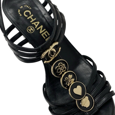 シャネル CHANEL サンダル 靴 シューズ レザー ブラック 黒 ゴールド ココマーク アイコン ストラップ