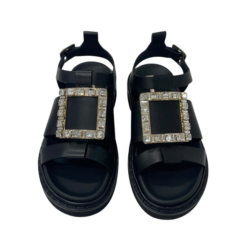 ロジェヴィヴィエ Roger Vivier ヴィヴレンジャー サンダル 靴 シューズ レザー ブラック 黒 ストラスバックル ビジュー ストラップ