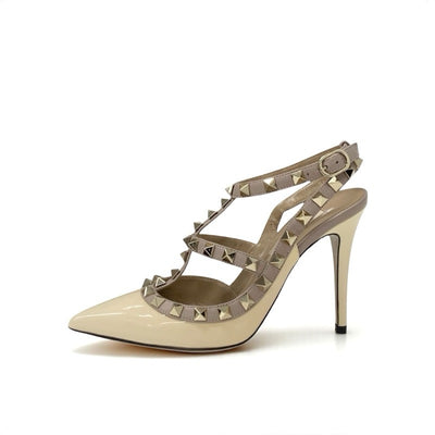ヴァレンティノ VALENTINO パンプス 靴 シューズ パテント レザー ベージュ ゴールド ロックスタッズ ストラップ
