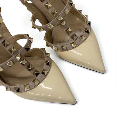 ヴァレンティノ VALENTINO パンプス 靴 シューズ パテント レザー ベージュ ゴールド ロックスタッズ ストラップ