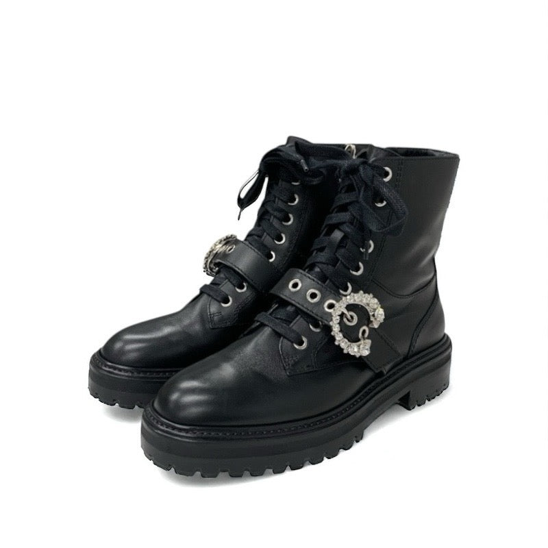 ジミーチュウ JIMMY CHOO CORA ブーツ ショートブーツ 靴 シューズ レザー ブラック 黒 ビジュー バックル レースアップ