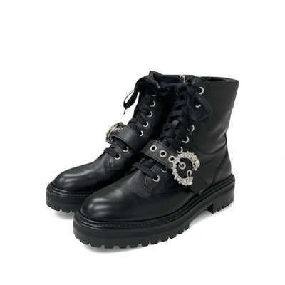 ジミーチュウ JIMMY CHOO CORA ブーツ ショートブーツ 靴 シューズ レザー ブラック 黒 ビジュー バックル レースアップ