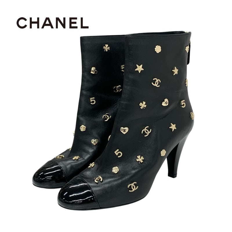 シャネル CHANEL ブーツ ショートブーツ 靴 シューズ レザー パテント ブラック ゴールド ココマーク アイコン ロゴ