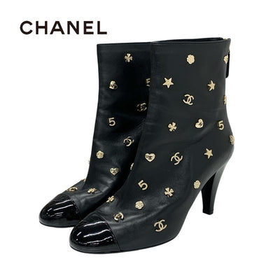 シャネル CHANEL ブーツ ショートブーツ 靴 シューズ レザー パテント ブラック ゴールド ココマーク アイコン ロゴ
