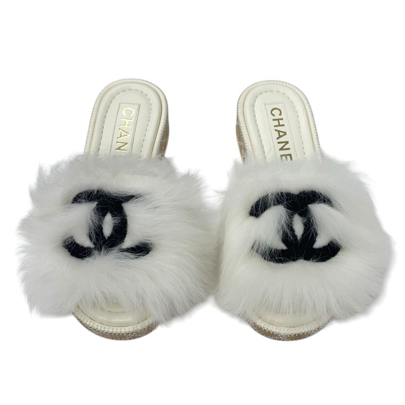 シャネル CHANEL サンダル 靴 シューズ ファー ホワイト ブラック ココマーク ミュール